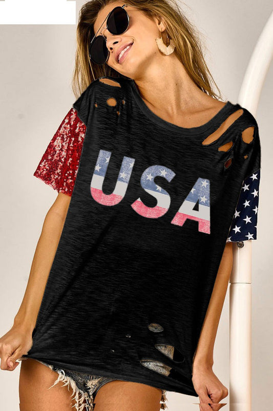 BiBi USA Graphic Short Sleeve Distressed T-Shirt - Aurelia Clothing