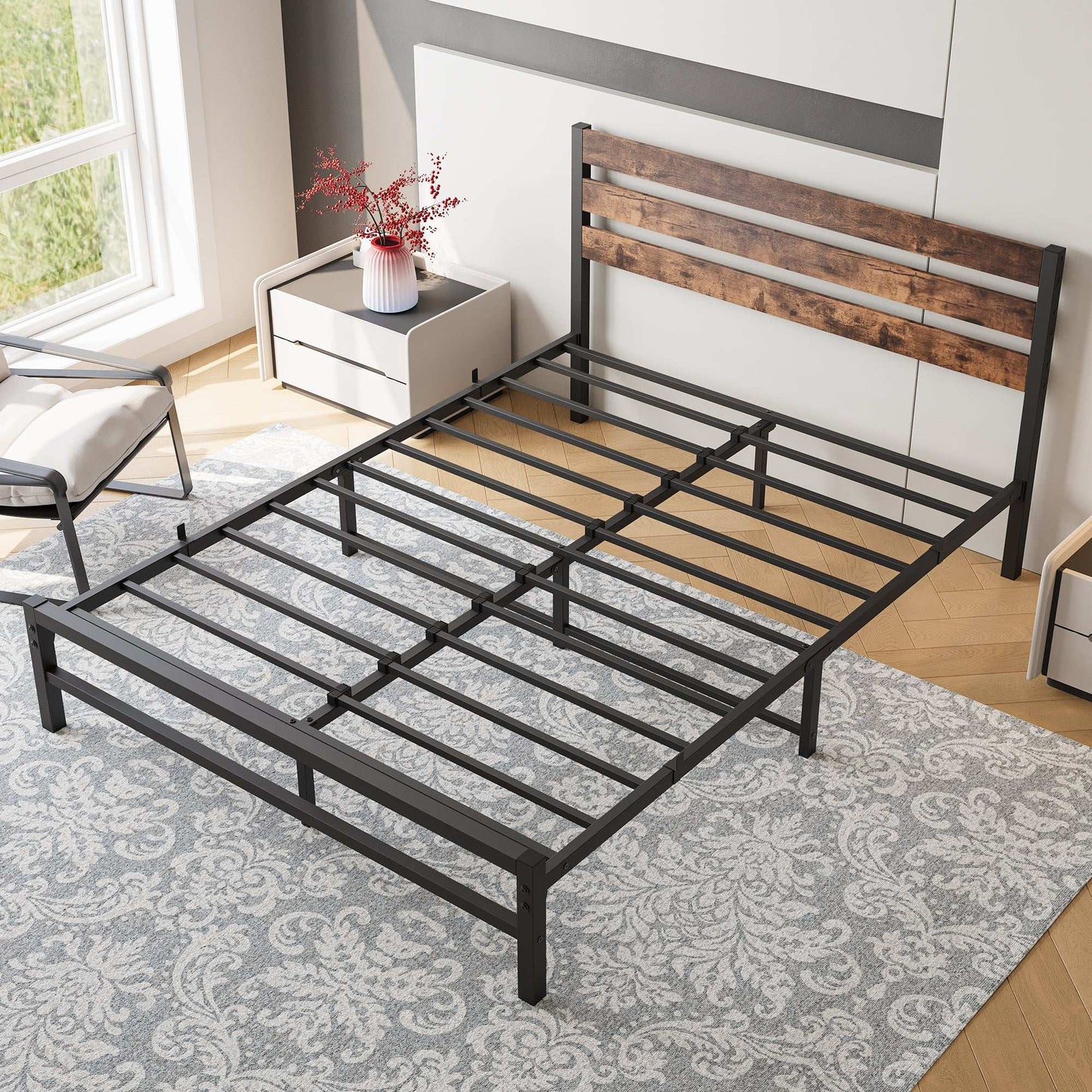 Queen Size Platform Bed Frame with Rustic Vintage Wood Headboard, Strong Metal Slats Support Mattress Foundation, No Box Spring Needed Rustic Brown - Free Shipping - Aurelia Clothing