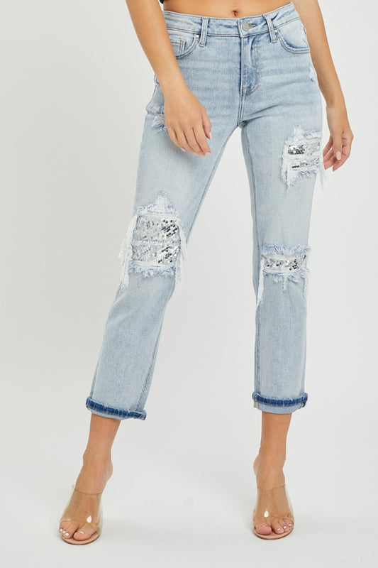 RISEN Mid-Rise Sequin Patched Jeans - Aurelia Clothing
