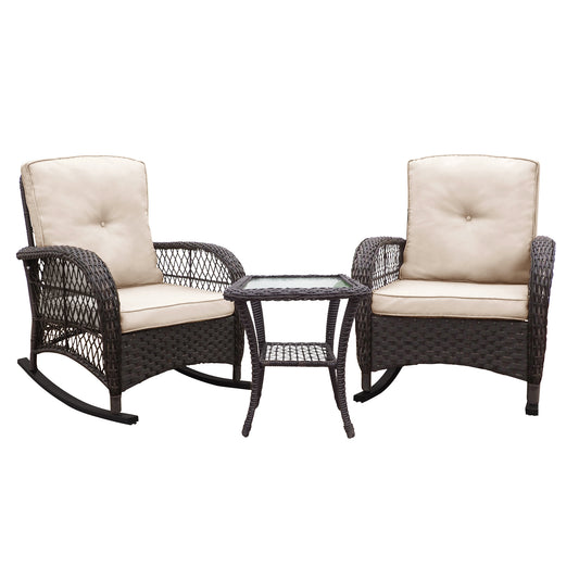 3 Pieces Conversation Set, Outdoor Wicker Rocker Patio Bistro Set,  Rocking Chair with Glass Top Side Table - Free Shipping - Aurelia Clothing