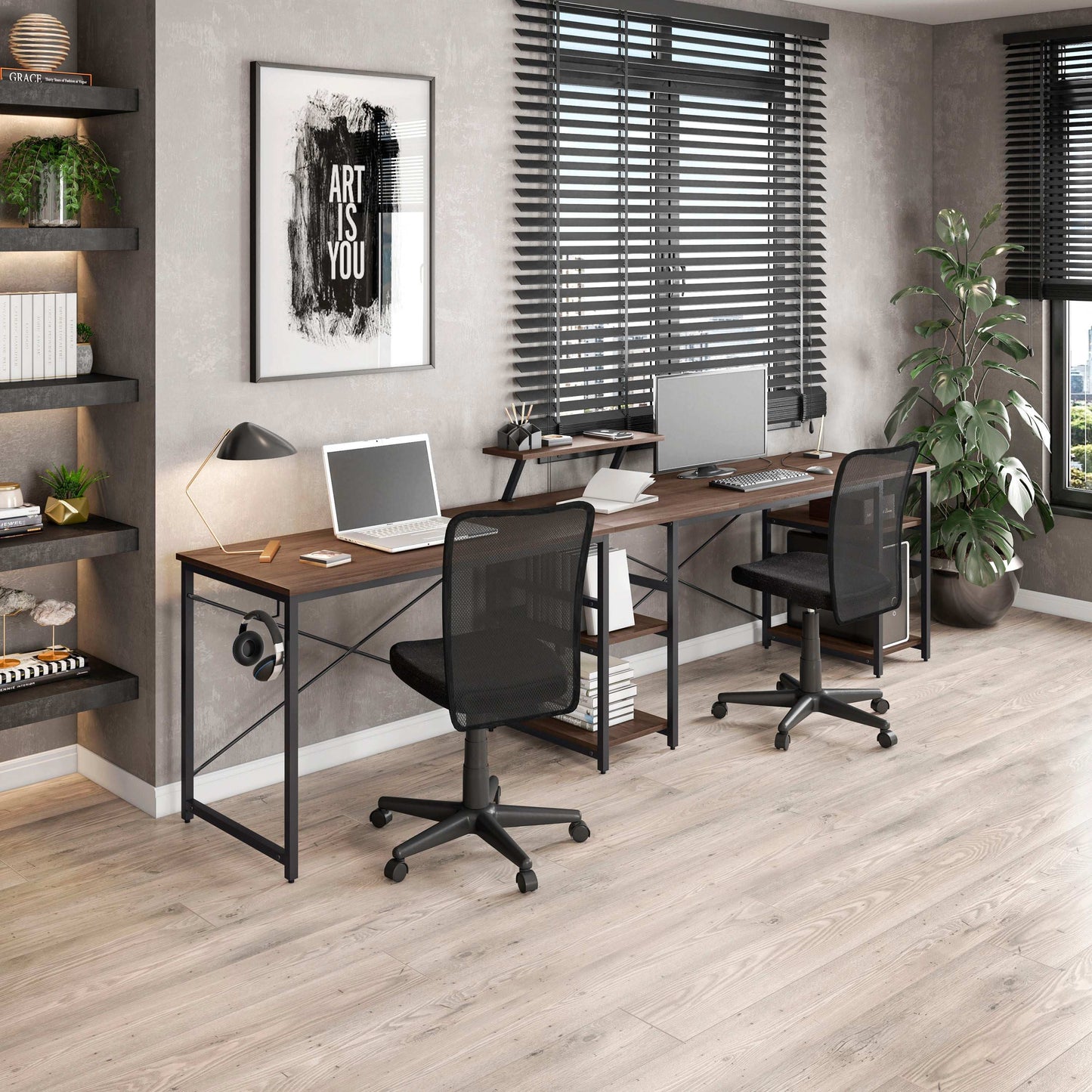 Techni Mobili L-Shape Industrial Desk with storage shelves, Walnut - Free Shipping - Aurelia Clothing