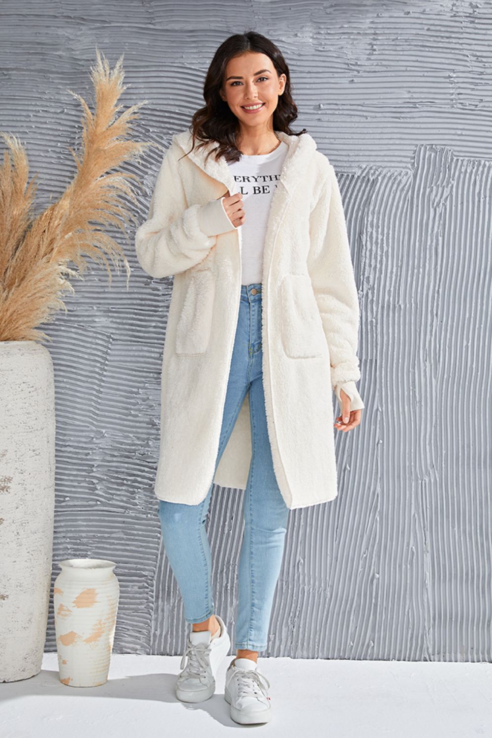 Double Take Full Size Hooded Teddy Bear Jacket with Thumbholes - Aurelia Clothing
