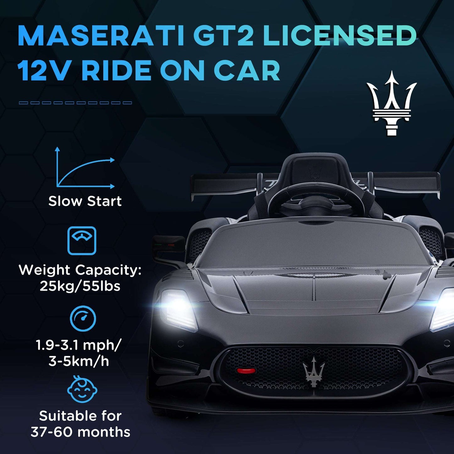 Qaba Maserati GT2 Licensed Ride On Car, 12V Battery Powered Electric Car for Kids with Shock-Absorbers, Auxiliary Wheels, 3MPH Racing Car with Remote, Horn Music LED Lights, Black - Free Ship - Aurelia Clothing