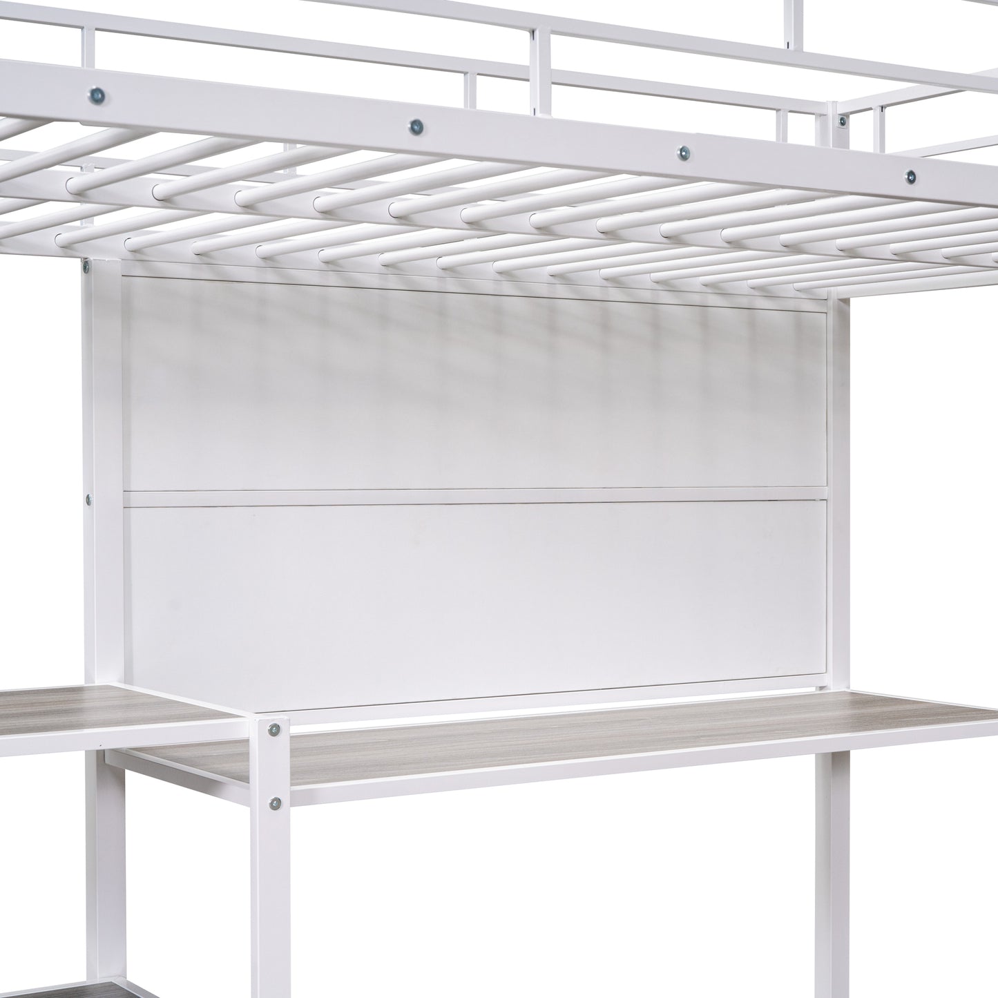 Twin Size Loft Bed with Desk and Whiteboard, Metal Loft Bed with 3 Shelves and Ladder, White - Free Shipping - Aurelia Clothing