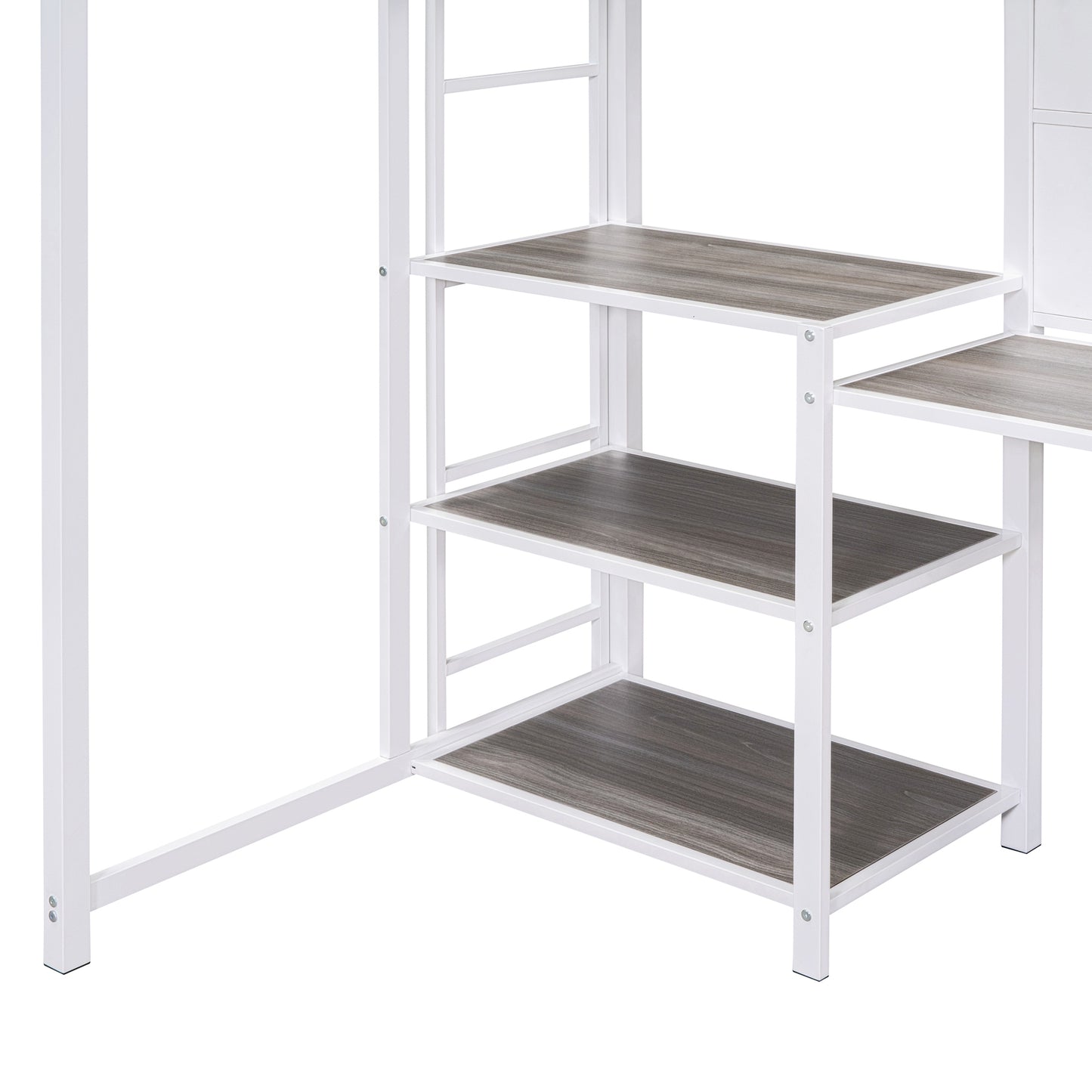 Twin Size Loft Bed with Desk and Whiteboard, Metal Loft Bed with 3 Shelves and Ladder, White - Free Shipping - Aurelia Clothing