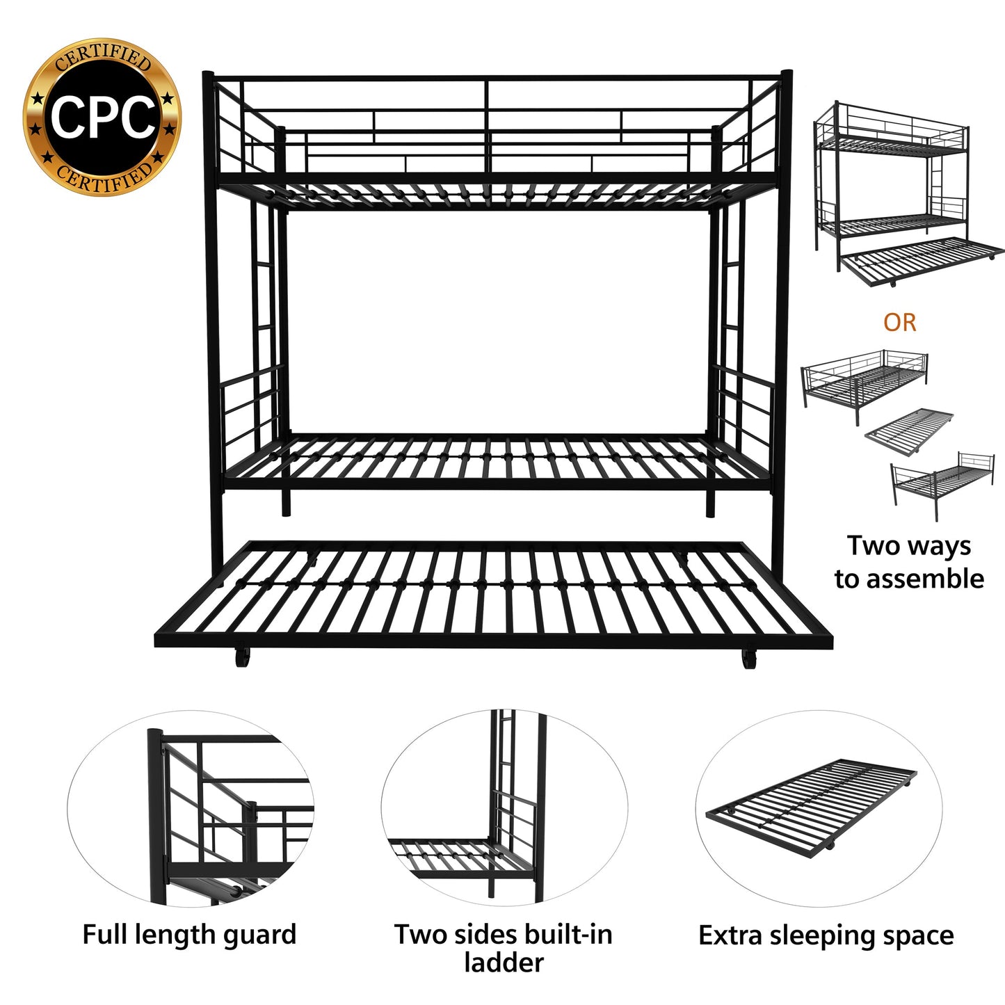 Twin Over Twin Metal Bunk Bed Frame with Trundle(Upgrade reinforcement version)- Free Shipping - Aurelia Clothing