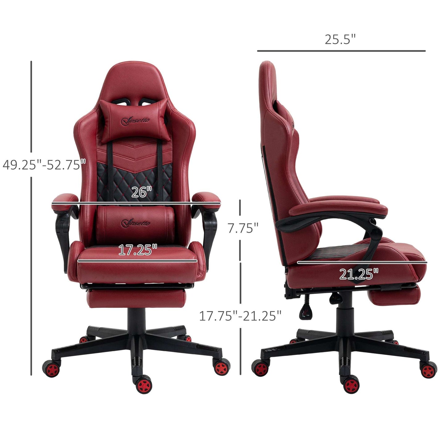 Vinsetto Racing Gaming Chair Diamond PU Leather Office Gamer Chair High Back Swivel Recliner with Footrest, Lumbar Support, Adjustable Height, Red - Free Shipping - Aurelia Clothing