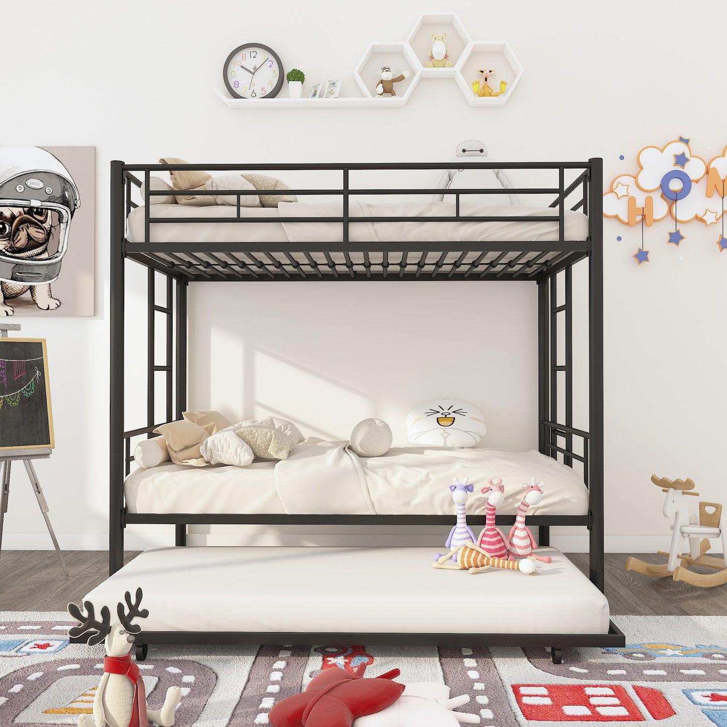 Twin Over Twin Metal Bunk Bed Frame with Trundle(Upgrade reinforcement version)- Free Shipping - Aurelia Clothing