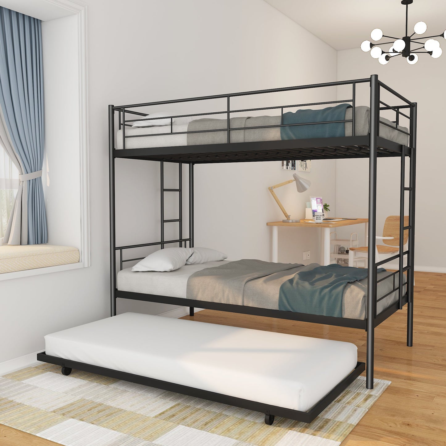 Twin Over Twin Metal Bunk Bed Frame with Trundle(Upgrade reinforcement version)- Free Shipping - Aurelia Clothing