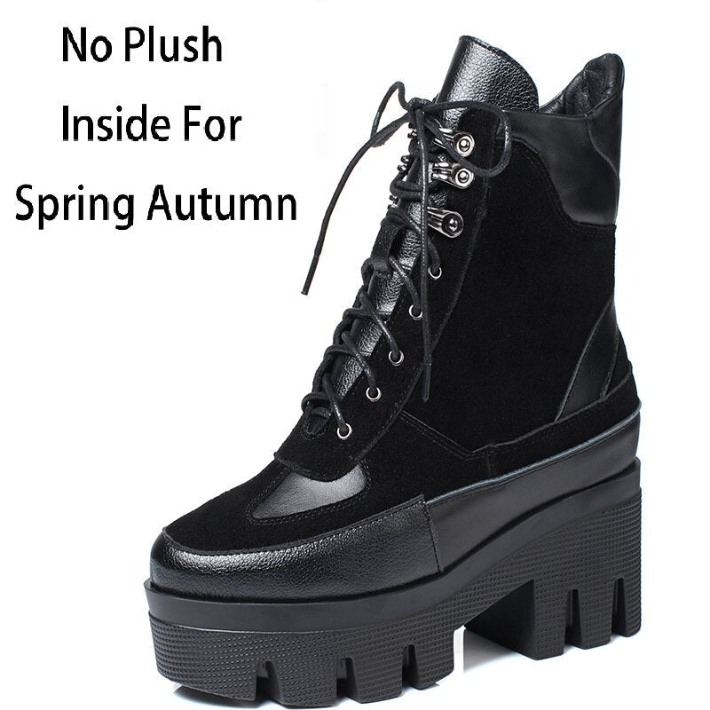 Winter Cow Leather Lace-up Women Chunky Platform Genuine Leather Ankle Boots Spring Autumn Real Leather Short Boots - Free Shipping - Aurelia Clothing