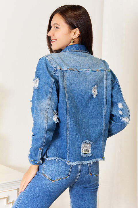 Baeful Leopard Floral Distressed Raw Hem Denim Womens Jacket - Aurelia Clothing