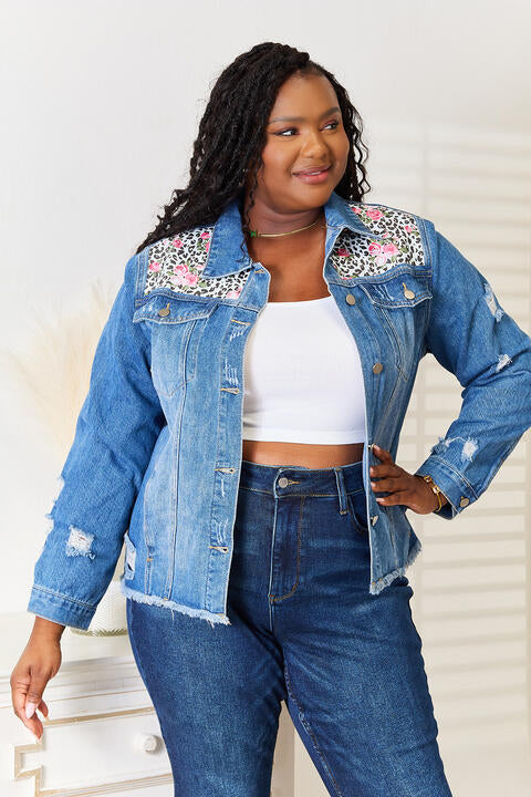Baeful Leopard Floral Distressed Raw Hem Denim Womens Jacket - Aurelia Clothing