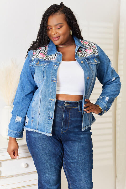 Baeful Leopard Floral Distressed Raw Hem Denim Womens Jacket - Aurelia Clothing