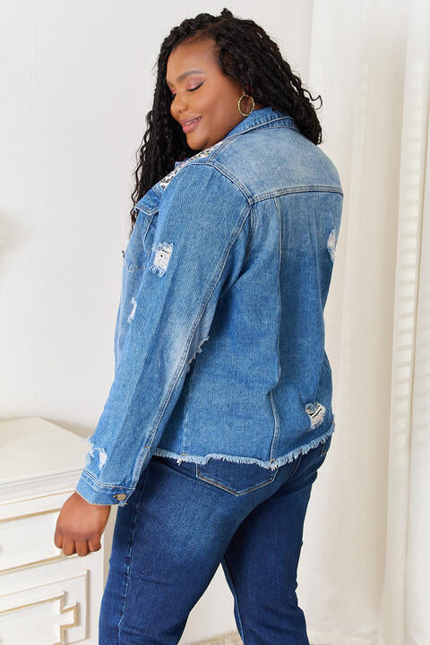 Baeful Leopard Floral Distressed Raw Hem Denim Womens Jacket - Aurelia Clothing