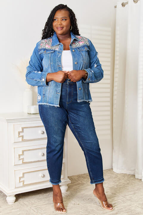 Baeful Leopard Floral Distressed Raw Hem Denim Womens Jacket - Aurelia Clothing