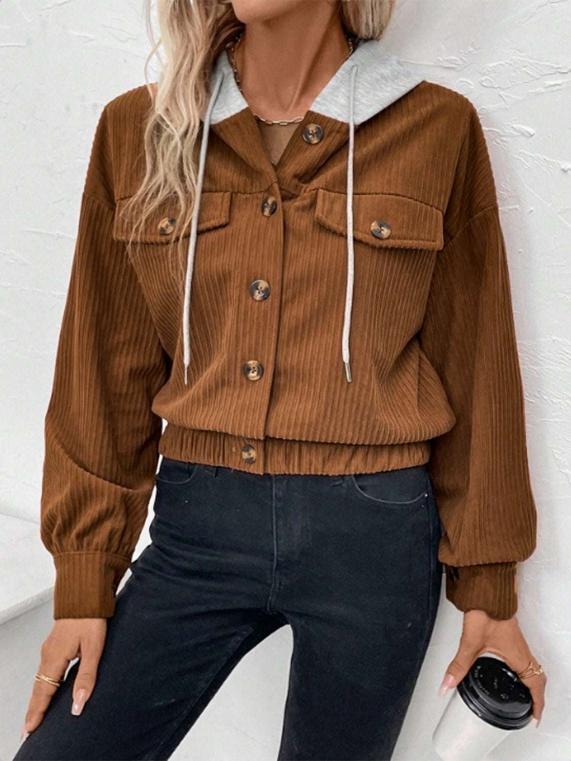 Button Up Drawstring Hooded Jacket - Aurelia Clothing