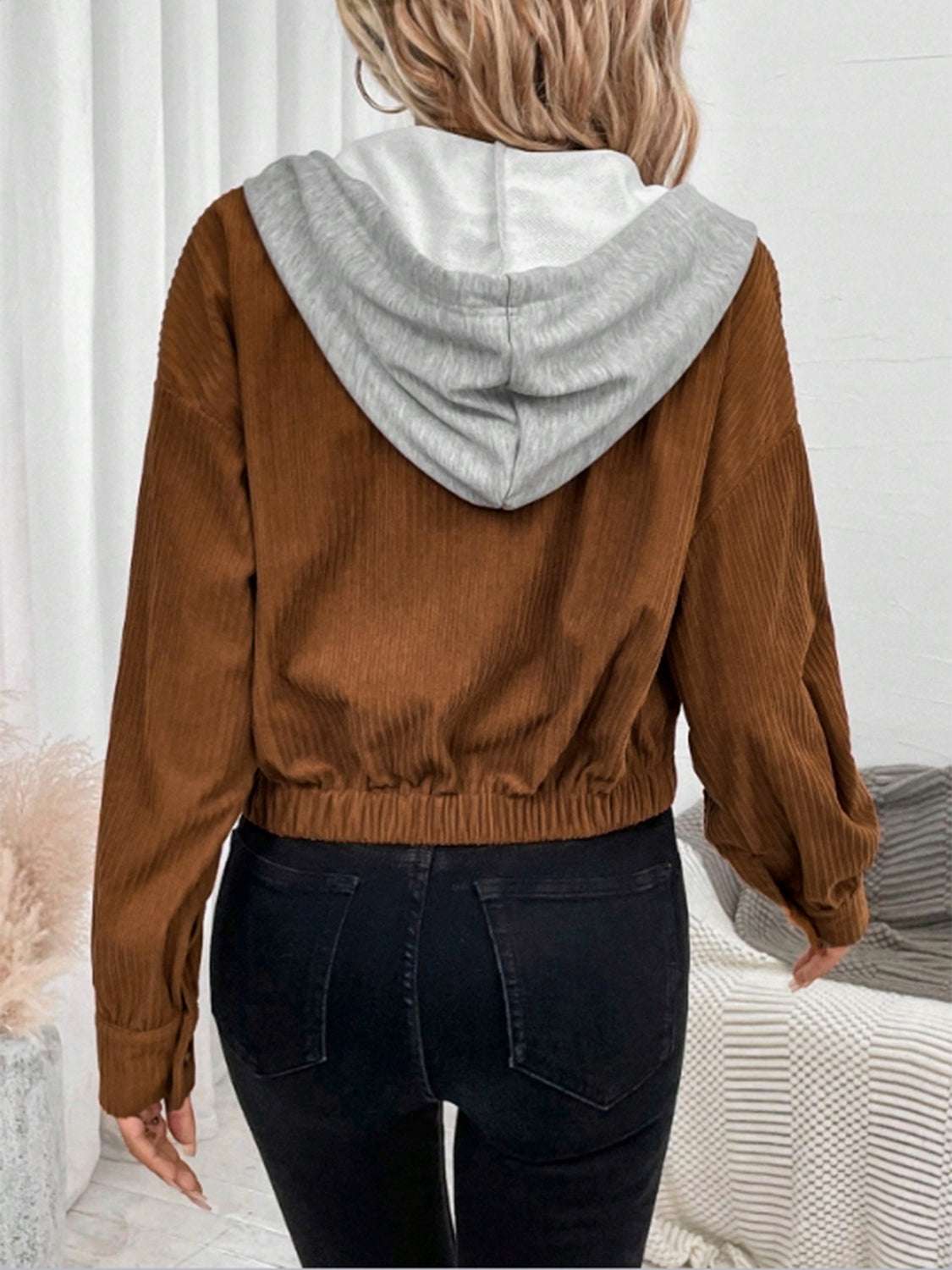 Button Up Drawstring Hooded Jacket - Aurelia Clothing