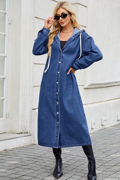Button Up Long Sleeve Longline Hooded Denim Outerwear - Aurelia Clothing