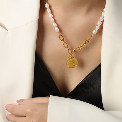 Coin pendant Pearl Titanium Steel Necklace - Aurelia Clothing