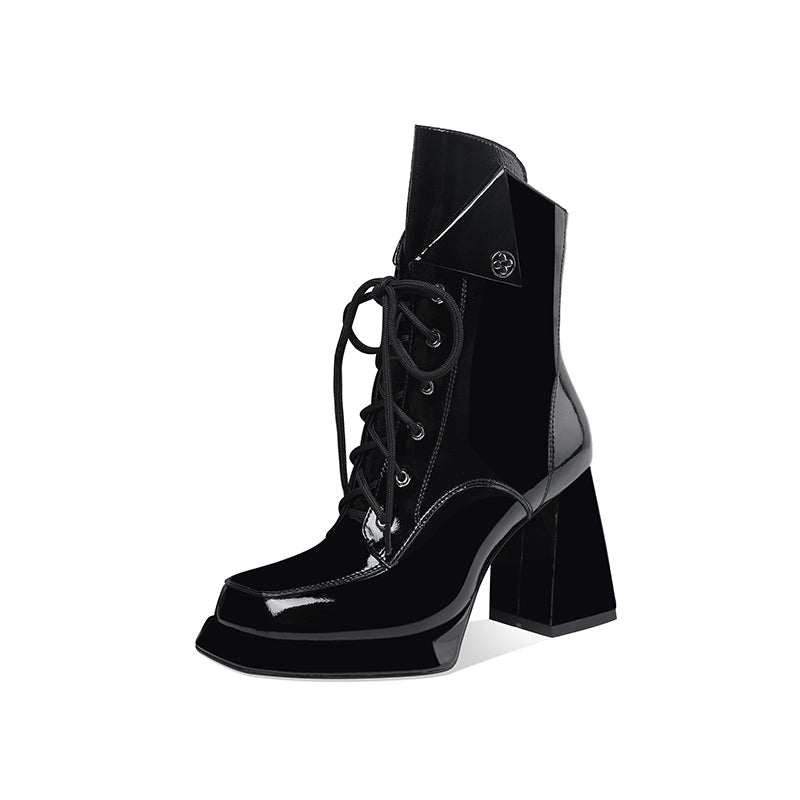 Patent Leather Thick Heel Martin Boots Women's 9cm Spring And Autumn Single Boots Waterproof Platform High-Heeled Ankle Boots - Free shipping - Aurelia Clothing