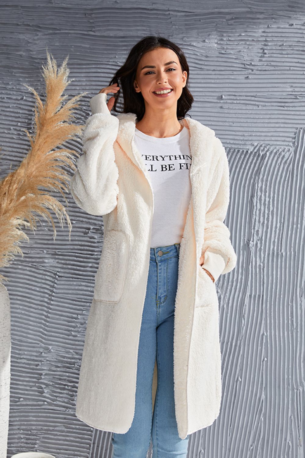 Double Take Full Size Hooded Teddy Bear Jacket with Thumbholes - Aurelia Clothing