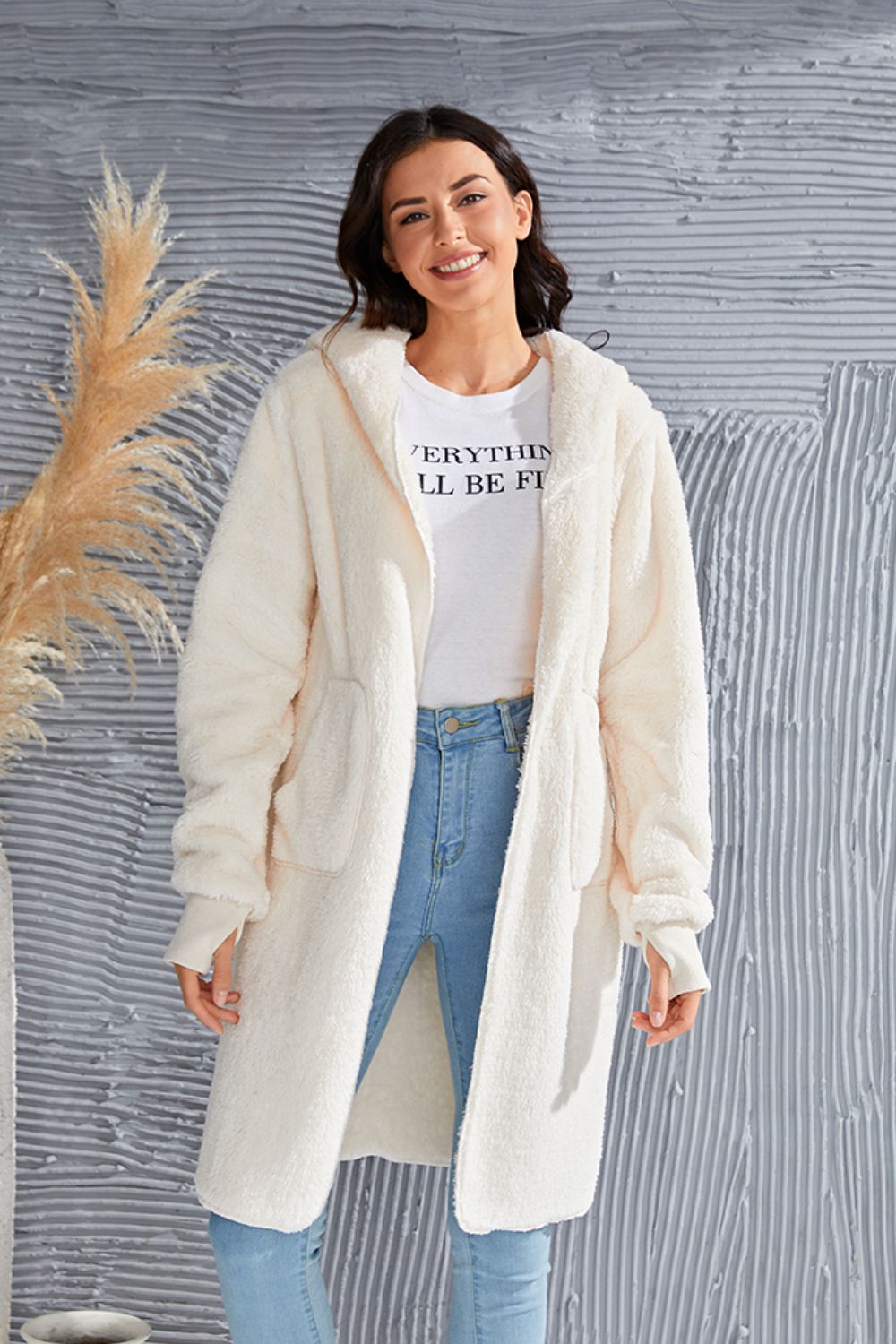 Double Take Full Size Hooded Teddy Bear Jacket with Thumbholes - Aurelia Clothing