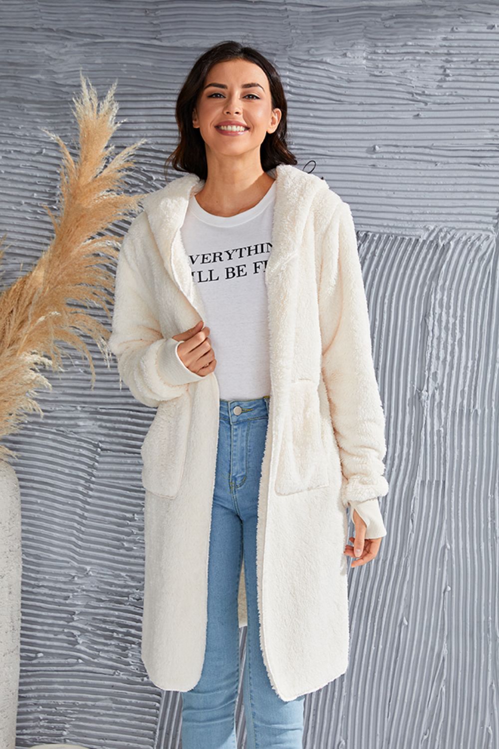 Double Take Full Size Hooded Teddy Bear Jacket with Thumbholes - Aurelia Clothing