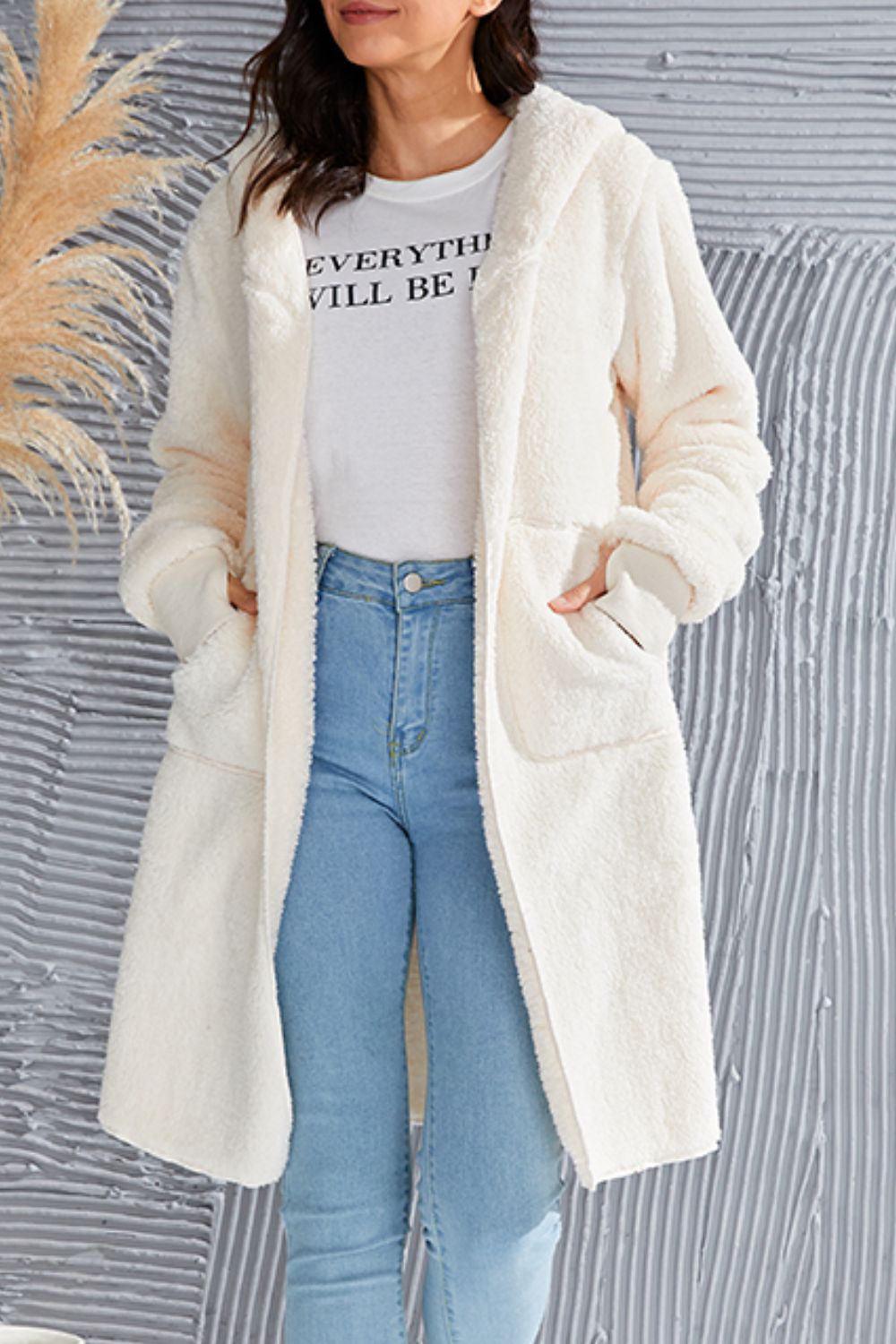 Double Take Full Size Hooded Teddy Bear Jacket with Thumbholes - Aurelia Clothing