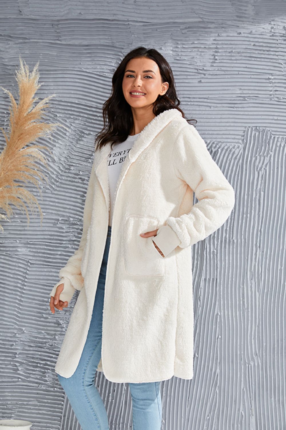 Double Take Full Size Hooded Teddy Bear Jacket with Thumbholes - Aurelia Clothing