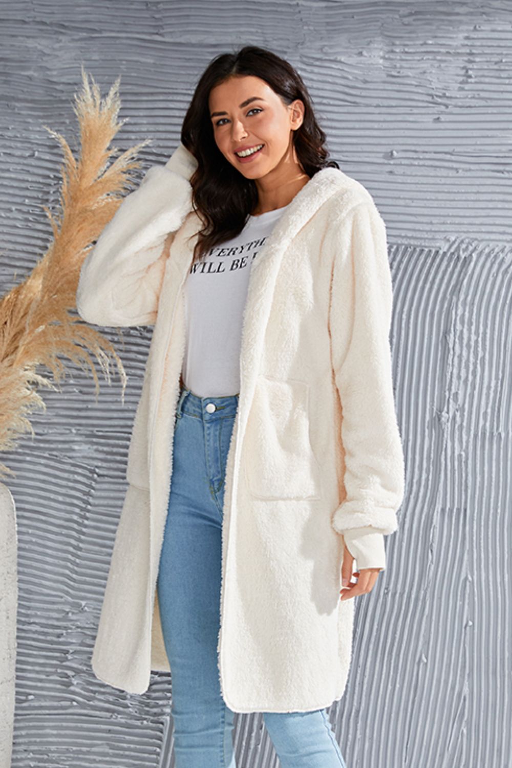 Double Take Full Size Hooded Teddy Bear Jacket with Thumbholes - Aurelia Clothing