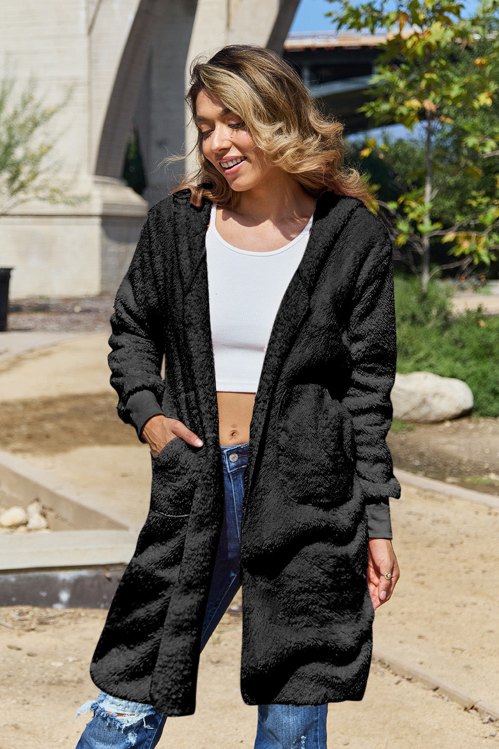 Double Take Full Size Hooded Teddy Bear Jacket with Thumbholes - Aurelia Clothing