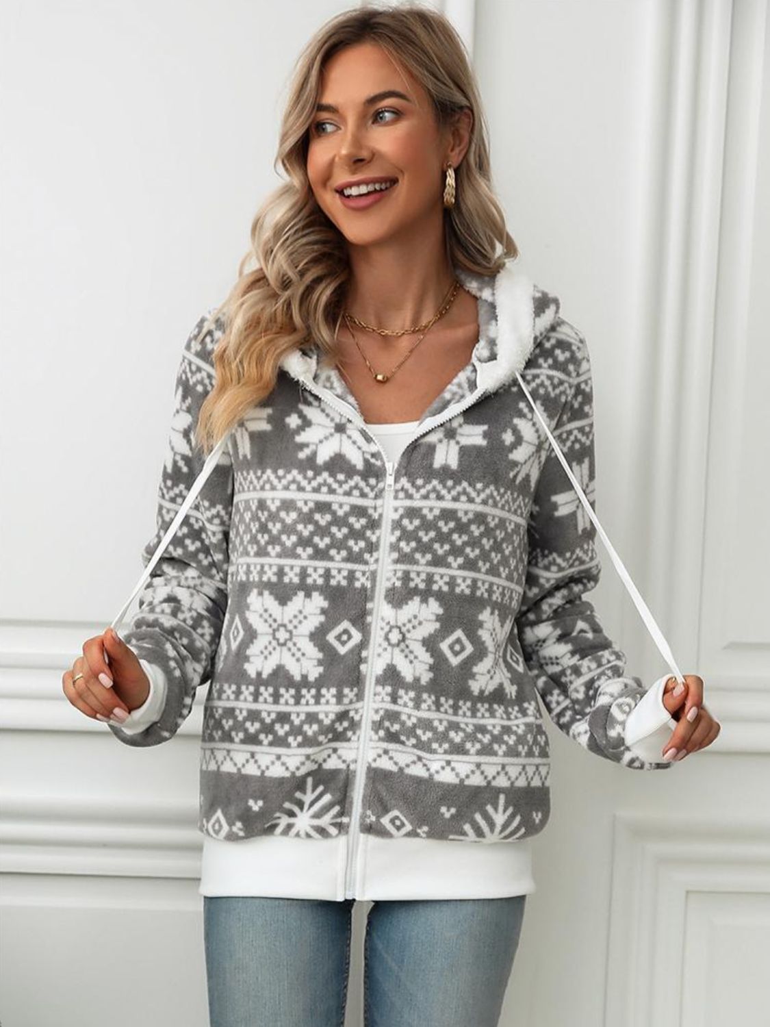 Drawstring Snowflake Zip Up Hooded Outerwear - Aurelia Clothing