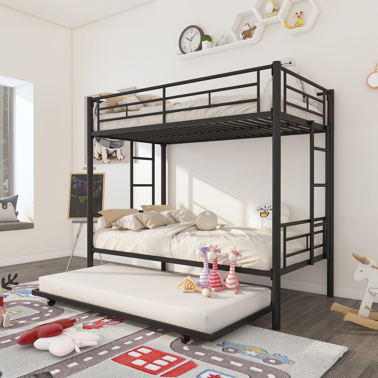 Twin Over Twin Metal Bunk Bed Frame with Trundle(Upgrade reinforcement version)- Free Shipping - Aurelia Clothing