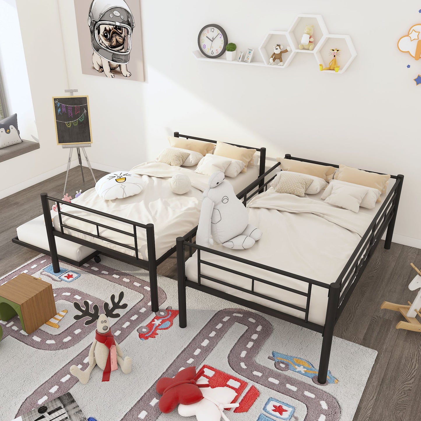 Twin Over Twin Metal Bunk Bed Frame with Trundle(Upgrade reinforcement version)- Free Shipping - Aurelia Clothing