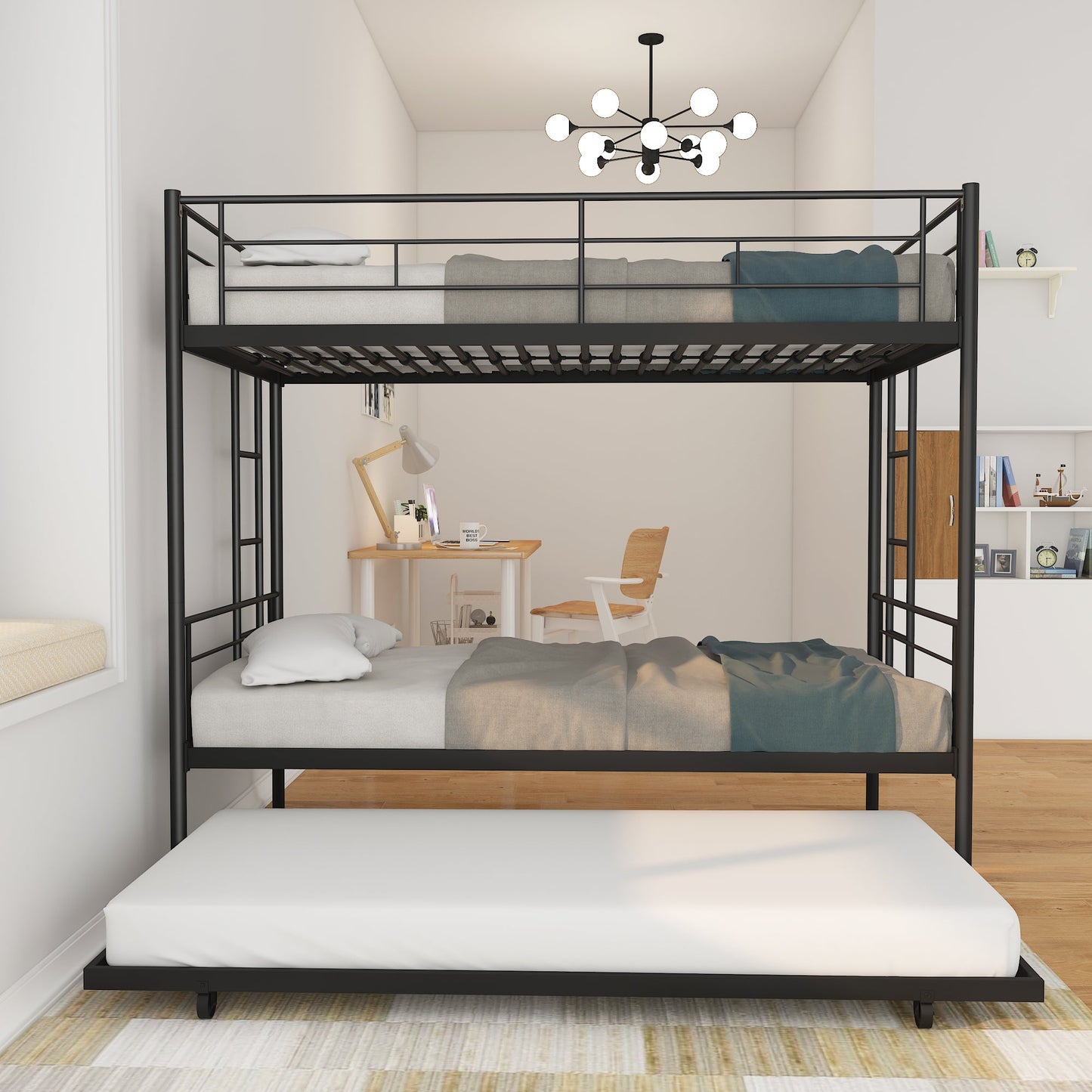 Twin Over Twin Metal Bunk Bed Frame with Trundle(Upgrade reinforcement version)- Free Shipping - Aurelia Clothing