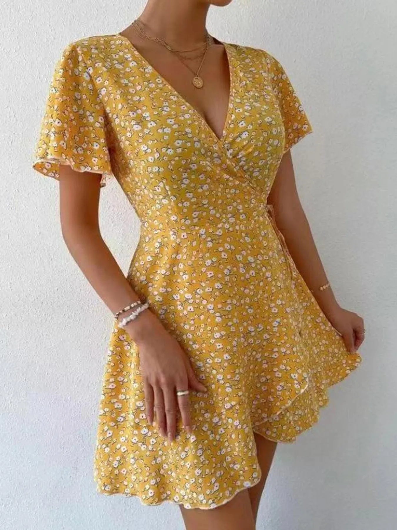 Floral Flutter Sleeve Wrap Mini Dress - Free Shipping - Aurelia Clothing