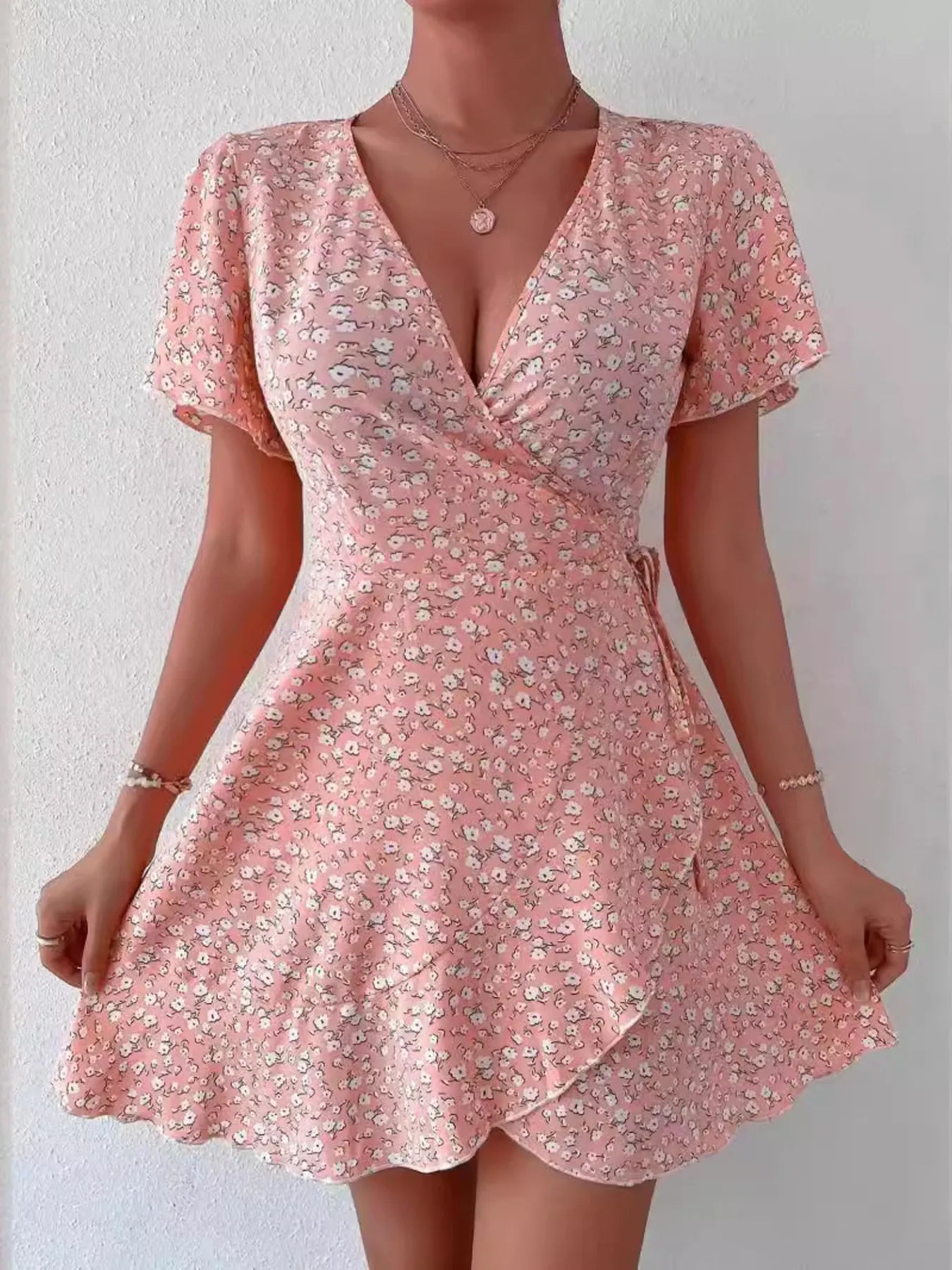 Floral Flutter Sleeve Wrap Mini Dress - Free Shipping - Aurelia Clothing