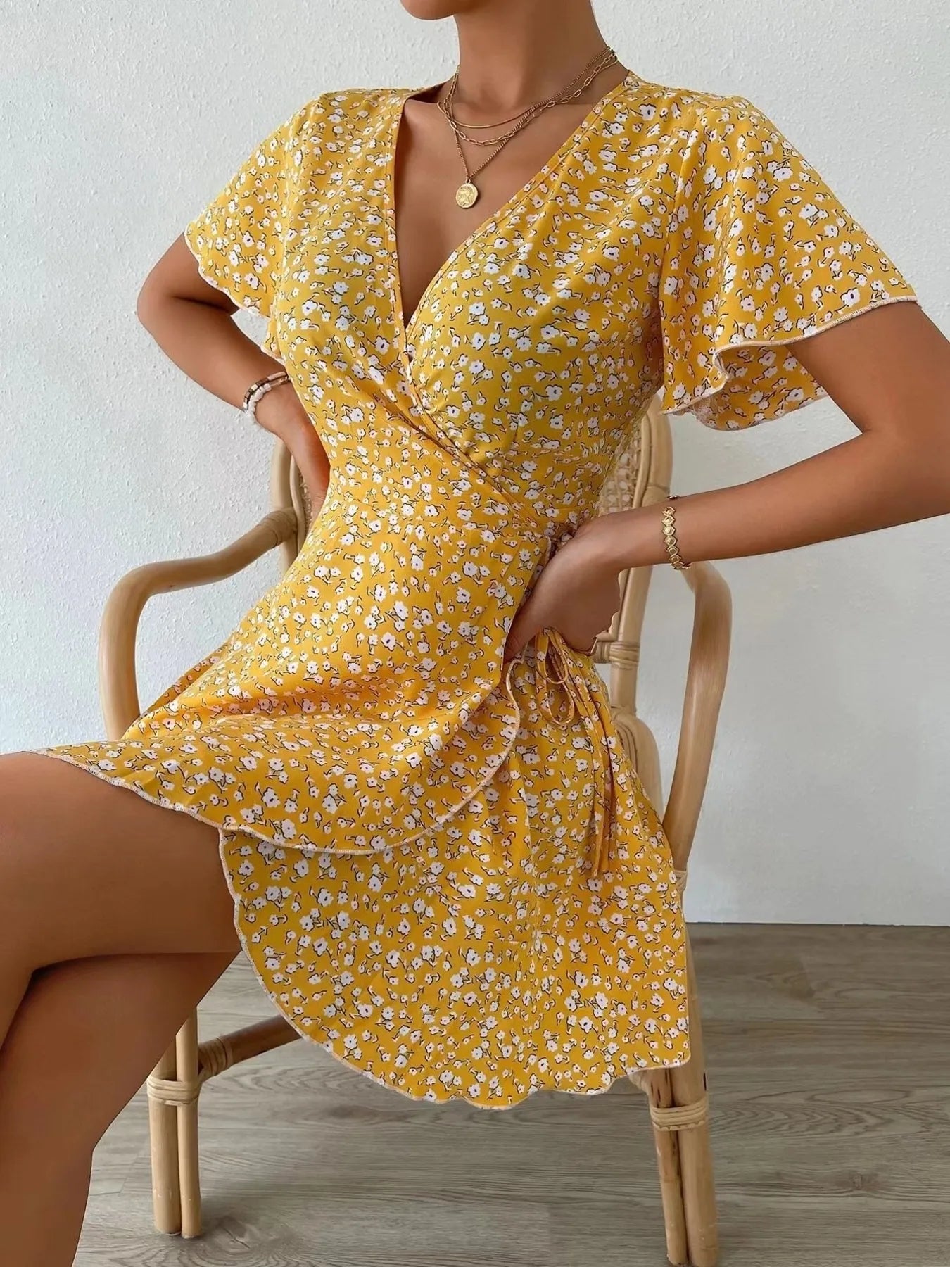Floral Flutter Sleeve Wrap Mini Dress - Free Shipping - Aurelia Clothing