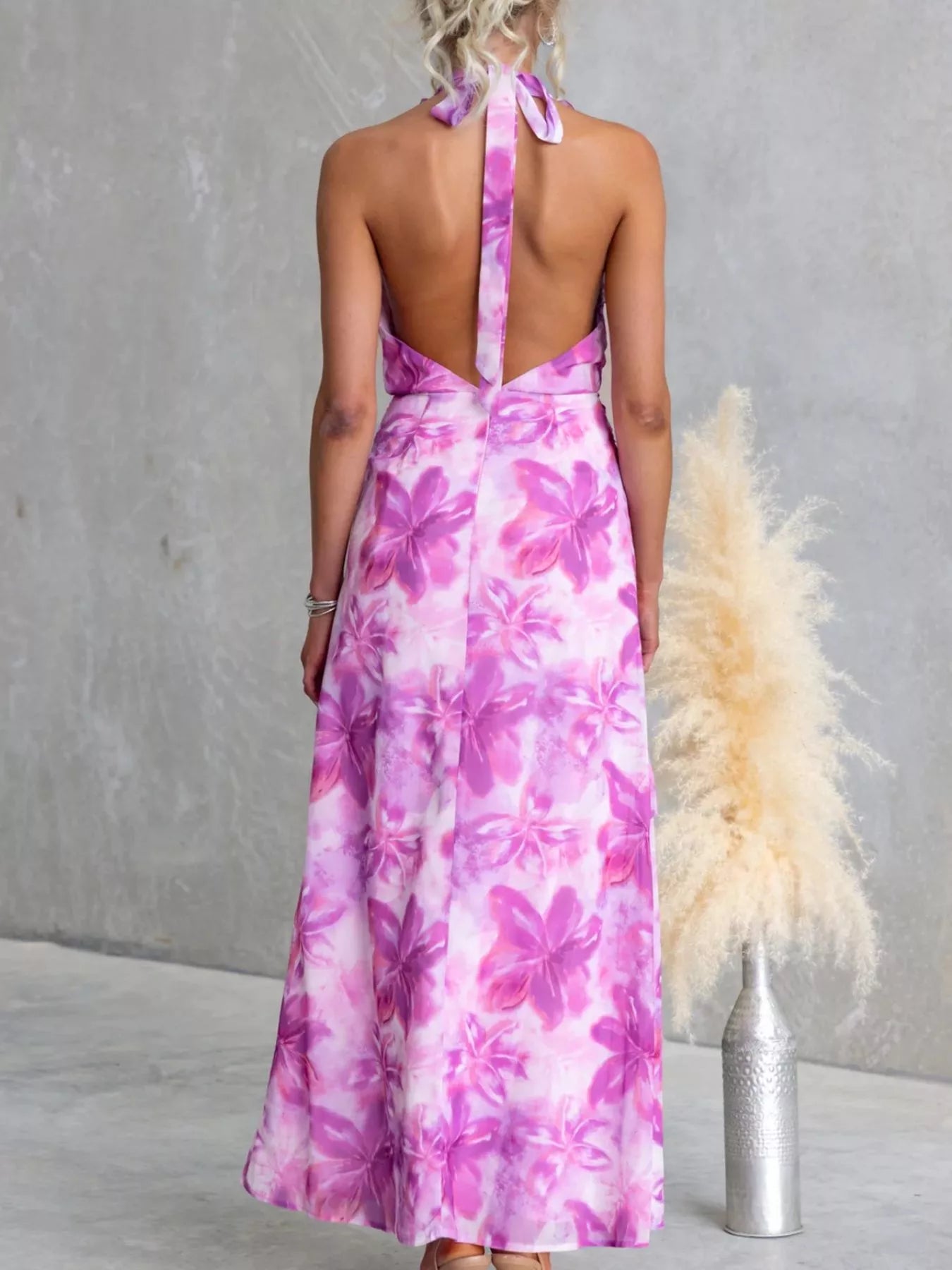 Floral Print Ruffle Halter Neck Maxi Dress-Free Shipping - Aurelia Clothing
