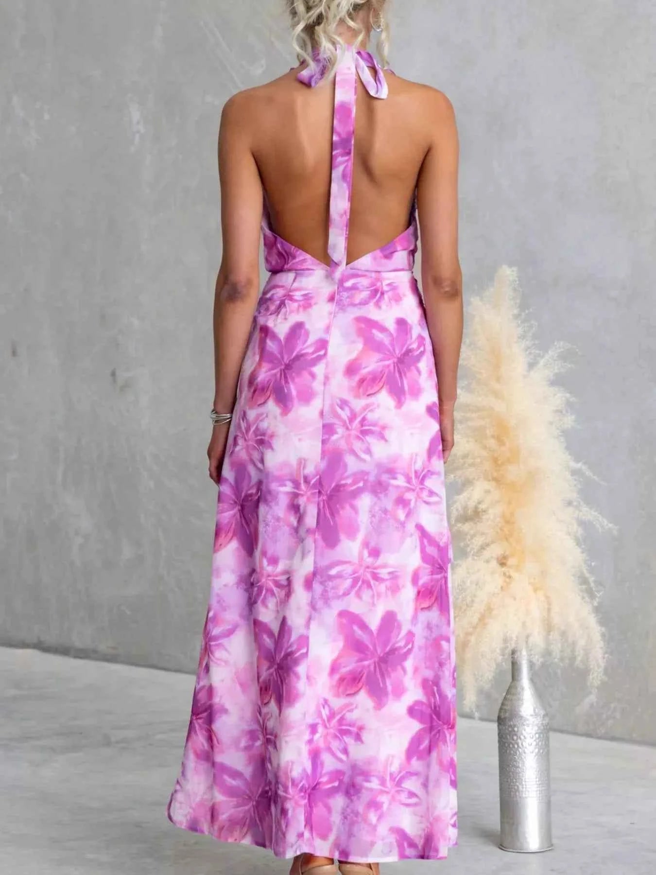 Floral Print Ruffle Halter Neck Maxi Dress-Free Shipping - Aurelia Clothing