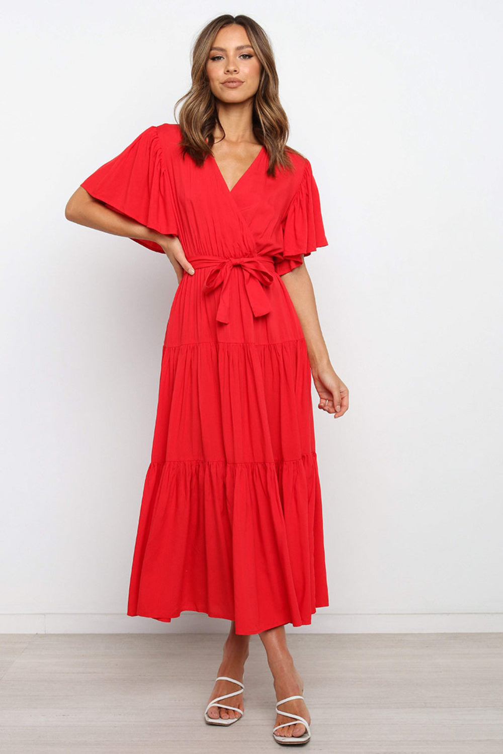Front Tie Short Sleeve Tiered Midi Dress - Aurelia Clothing