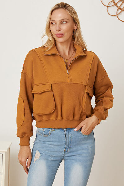Half Zip Long Sleeve Sweatshirt with Pockets - Aurelia Clothing