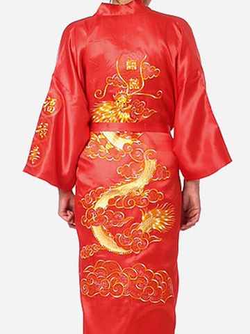 Hot Sale Burgundy Chinese Men Silk Satin Robe Novelty Traditional Embroidery Dragon Kimono Yukata Bath Gown Size M L XL XXL XXXL - Aurelia Clothing