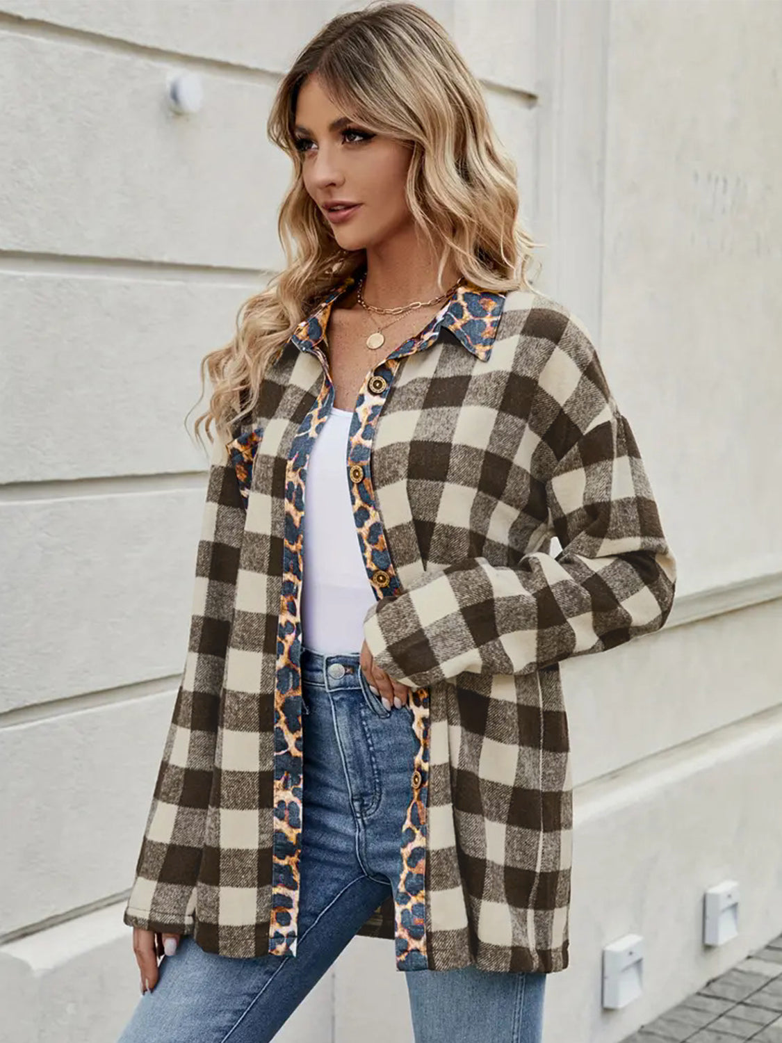Leopard Trim Plaid Collared Neck Long Sleeve Shirt - Aurelia Clothing