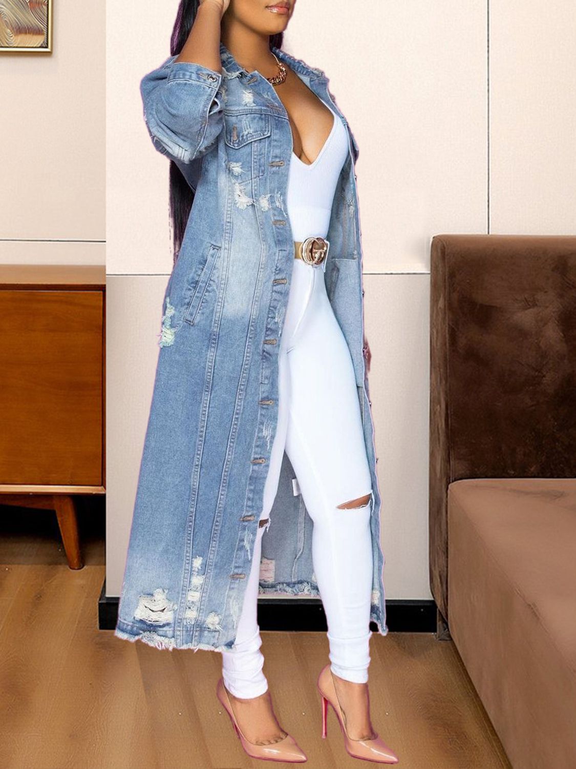 Long Sleeve Raw Hem Denim Womens Jacket - Aurelia Clothing