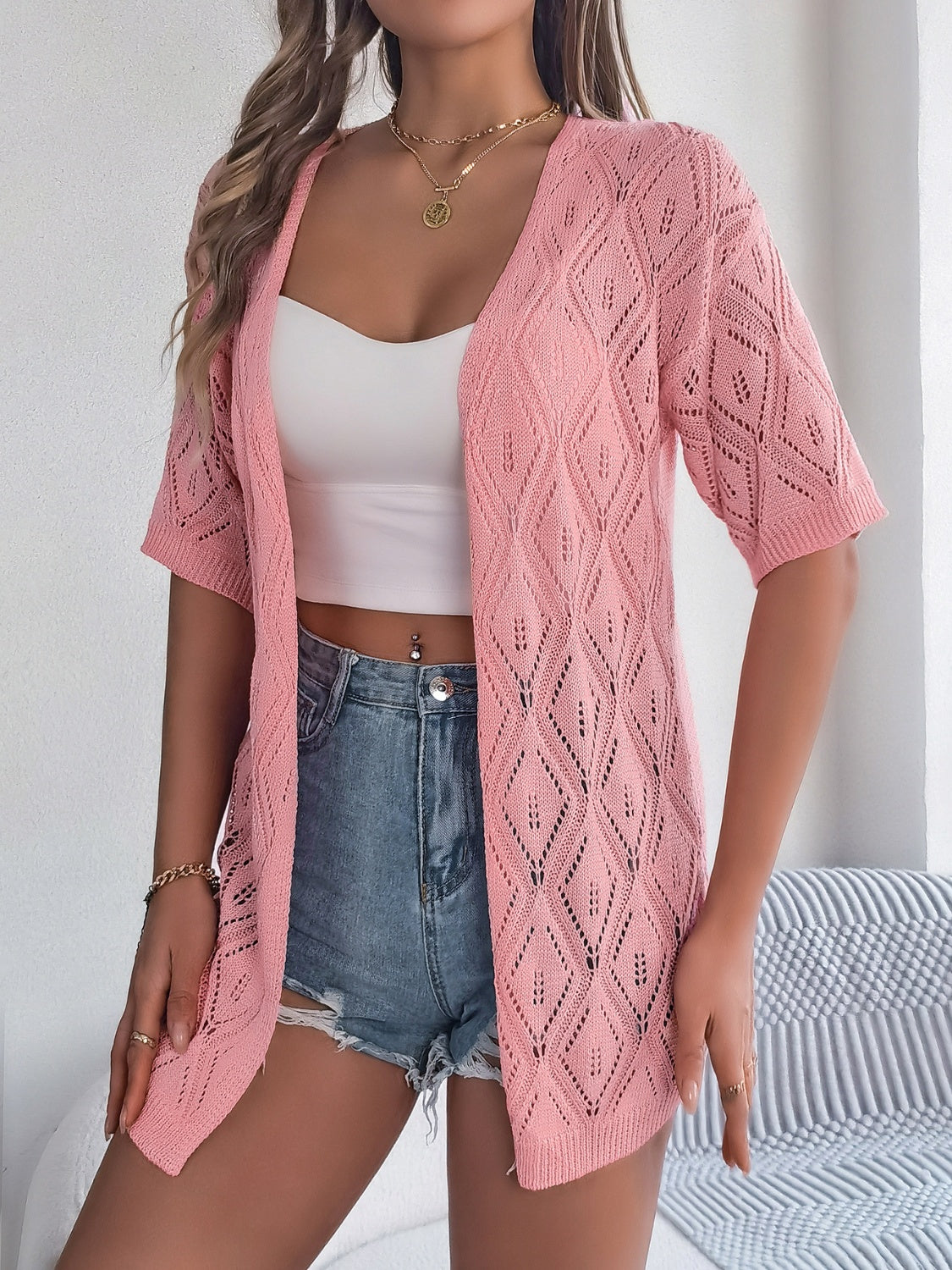 Openwork Open Front Half Sleeve Cardigan - Aurelia Clothing