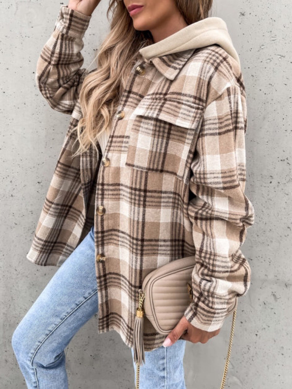 Plaid Button Up Jacket with Removable Hood - Aurelia Clothing