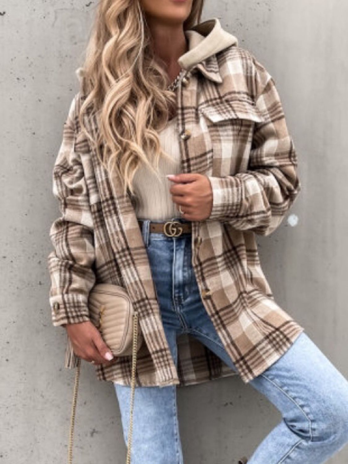 Plaid Button Up Jacket with Removable Hood - Aurelia Clothing
