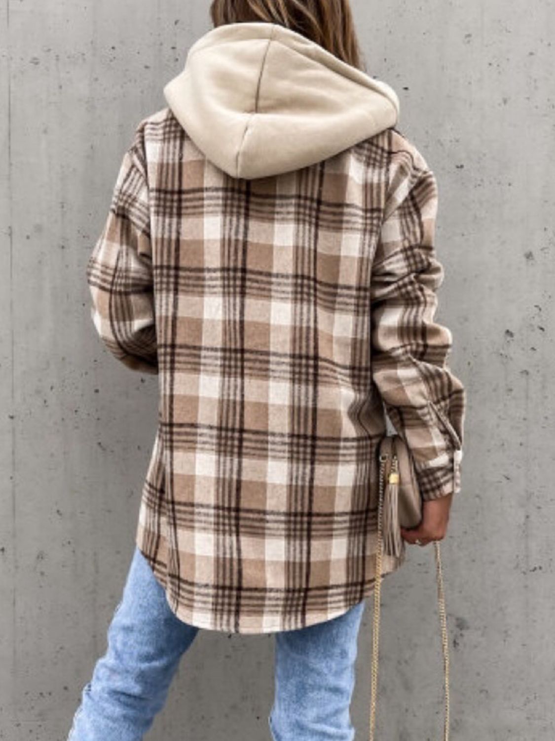 Plaid Button Up Jacket with Removable Hood - Aurelia Clothing