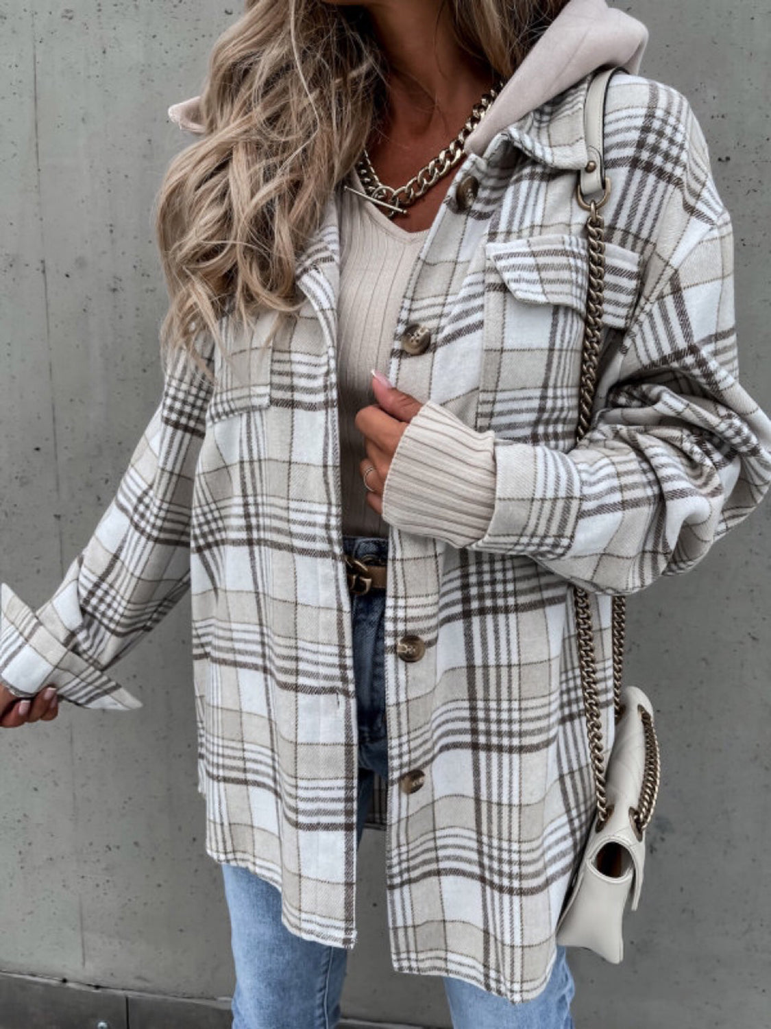 Plaid Button Up Jacket with Removable Hood - Aurelia Clothing
